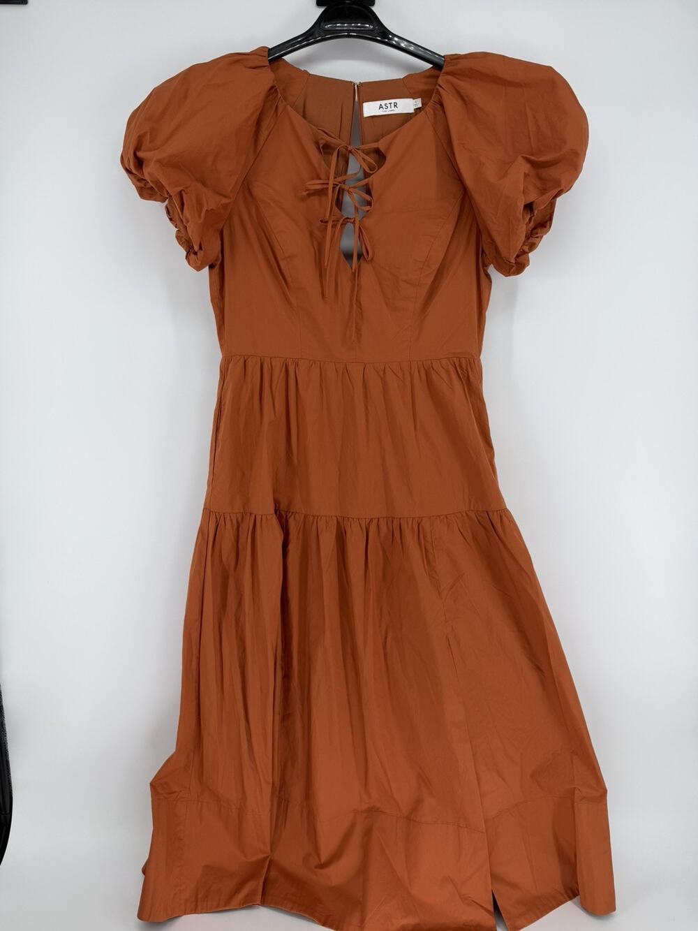 ASTR The Label A-Line Dress Copper Orange Puff Sleeve Lace Up Midi Cotton Small